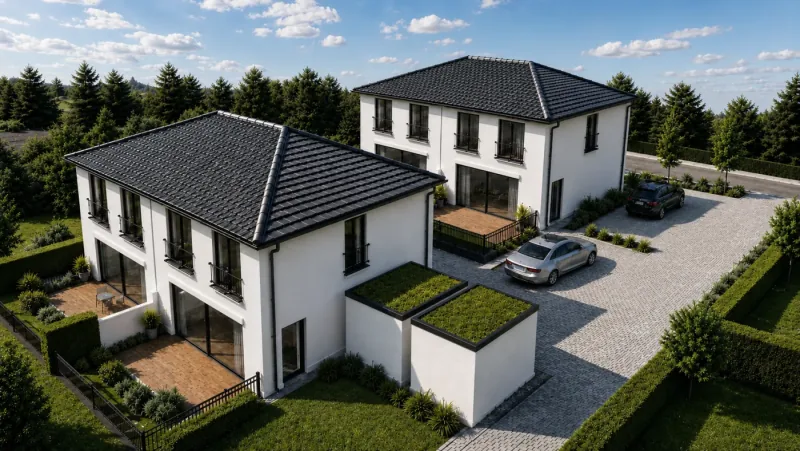 Modern bir ikiz konut projesinin kuşbakışı 3D mimari görselleştirmesi