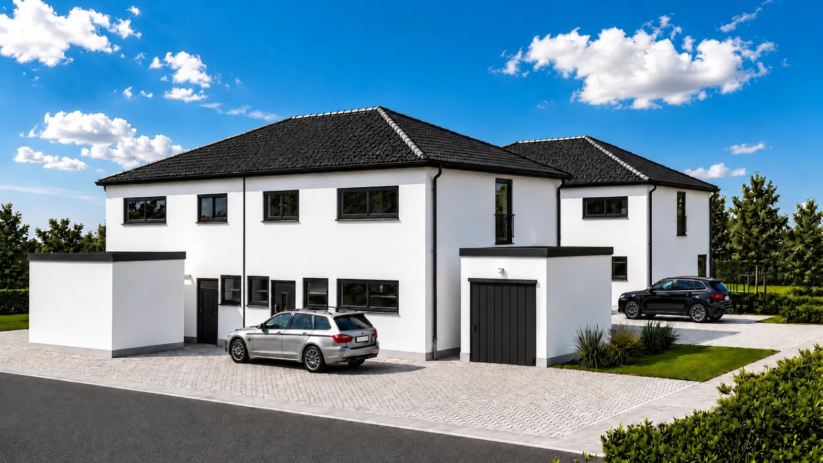 Fotorealistische 3D-Visualisierung eines Doppelhaus-Neubaus, Straßenansicht — erstellt von HK-Build